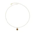 Gold plated minimalist necklace with oval brown stone pendant elegant vintage fashion jewelry - Figaro Chain Oval Gemstone Style (2303QT21241XL)