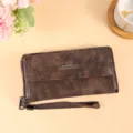 Portefeuille long homme retro marron cuir pochette grande capacité fermeture éclair sac - Café