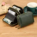 Portefeuille porte-cartes accordéon double fermeture éclair grande capacité en cuir PU - Style Accordéon (HK021) / Vert