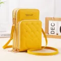 Yellow multi-layer zipper crossbody phone bag with cute heart quilting and adjustable strap. - Yellow
