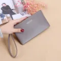 Cartera larga de mujer con cremallera gris de cuero PU gran capacidad con correa - Gris