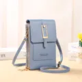 Blauwe lederen crossbody telefoontas met dubbele rits en schouderriem voor dames - Stijl H018 (Met Metalen Gesp) / Blauw