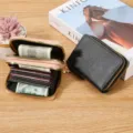 Tarjetero de acordeón con doble cremallera para mujer y hombre, cartera corta de cuero PU. - Negro