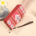 Portefeuille long femme double fermeture éclair motif ethnique pochette avec dragonne - Pochette à Double Fermeture Éclair / Rouge (HC2518)