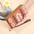 Femme double fermeture eclair long portefeuille motif ethnique pochette grande capacite sac telephone - Pochette à Double Fermeture Éclair / Marron (HC2518)