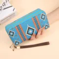 Portefeuille long double zippé à motif ethnique bleu pour femme, pochette de grande capacité. - Pochette à Double Fermeture Éclair / Bleu clair