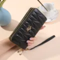 Portefeuille long femme double fermeture éclair matelassé en cuir PU noir dragonne - Noir