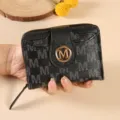 Women black short coin purse with monogram M pattern and zipper closure, stylish wallet. - Black