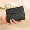 Black short women wallet with chic grid pattern, zipper pocket and card slots for daily use. - Black
