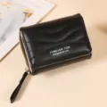 Portefeuille court noir en cuir PU porte-carte avec fermeture eclair et dragonne. - Noir