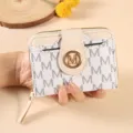 Women short monogram coin purse, white M print PU leather wallet with zipper closure. - White