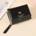Portefeuille court pour femme à trois volets mignon cœur cuir PU porte-monnaie pochette - Noir