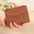 Brown women short wallet with zipper coin pocket and cute quilted card holder design. - Brown
