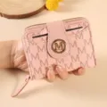 Pink short women's wallet with M monogram print, stylish zip-around coin purse with clasp. - Pink