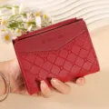 Red short wallet for women, quilted grid pattern with cute heart details and zipper pocket. - Red