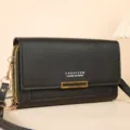 Sac à bandoulière portefeuille noir multifonctionnel, élégant sac avec texture et détail métal. - Noir