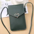 Dark green small crossbody phone bag for women, retro solid color PU leather pouch with heart metal lock. - Green