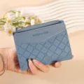 Stylish blue quilted short wallet for women, compact zipper coin purse with card slots. - Blue