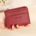 Red short wallet women pu leather card holder multi-functional zipper coin purse compact. - Red