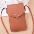 Brown Crossbody Phone Bag PU Leather Mini Wallet with Gold Heart Buckle and Adjustable Strap - Brown