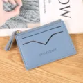 Blue leather card holder zipper coin purse slim credit card case with multiple slots. - Blue