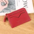 Red leather card holder wallet for women, minimalist coin purse with zipper and slots. - Red