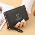 Portefeuille court pour femme en cuir PU noir, mini porte-monnaie zippé à trois volets. - Noir
