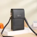 Borsa a tracolla verticale nera in pelle PU per cellulare con doppia zip e patta. - Nero