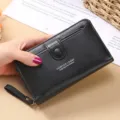 Portefeuille long femme en cuir PU noir pochette avec dragonne et fermeture éclair. - Noir