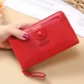 Portefeuille long femme couleur unie avec lanière, sac à main zippé en cuir PU grande capacité. - Rouge