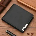 Men short black leather wallet with metal corner card holder fashion minimalist coin purse - Black