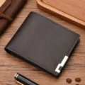 Men short brown leather wallet with metal corner trim retro multi card slot card holder bifold - Coffee