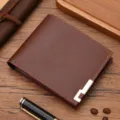 Men's short brown leather wallet with metal edge design, multi-card slot classic card holder. - Brown