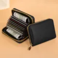 Porte-cartes accordéon en cuir PU noir avec fermeture éclair et multiples fentes compactes. - Noir