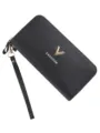 Damen lange doppelte Reißverschluss Brieftasche schwarze PU Leder Clutch Tasche mit Handschlaufe - Schwarz