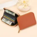 Tarjetero de acordeón con cremallera doble, cartera corta de piel sintética con múltiples ranuras. - Estilo HK019 (Marrón) / Marrón