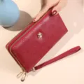 Portefeuille long femme double fermeture éclair cuir PU porte-carte dragonne motif floral chic. - Rouge