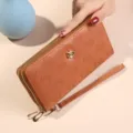 Femme marron portefeuille long double fermeture éclair en cuir PU avec dragonne florale - Marron