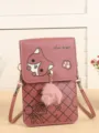 Sac de téléphone vertical en PU pour femme, joli sac bandoulière avec pompon en peluche. - Rose foncé