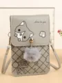 Petit sac bandoulière en cuir PU gris pour téléphone avec motif chat mignon et pompon duveteux - Gris