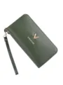 Portefeuille long vert pour femme, pochette double fermeture éclair avec lanière et logo V. - Vert