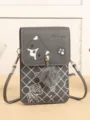 Elegante borsa a tracolla verticale per telefono in PU grigio con gatto e morbido pompon. - Grigio scuro