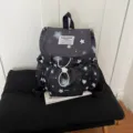 Black star print canvas backpack with drawstring closure for daily travel and leisure - Without Pendant / Black without Pendant