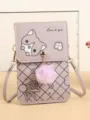 Graziosa borsa a tracolla verticale in pelle PU per cellulare con ponpon soffice e gatto. - Viola