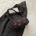Fashion denim cherry embroidered shoulder bag niche design trendy hobo crossbody handbag for women - Without Charms / Black
