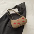 Brown Crescent Shoulder Bag with Red Cherry Embroidery, Chic Underarm Handbag for Women - Without Charms / Khaki