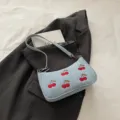 Denim cherry embroidered shoulder bag, stylish hobo bag with cute red fruit patterns for women. - Without Charms / Blue