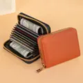 Porte-cartes en accordéon compact avec fentes multiples et fermeture éclair sécurisée. - Marron