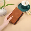 Brown PU leather passport holder travel wallet with elastic band document organizer case. - Brown