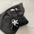 Black polka dot shoulder pillow bag with silver star pendant, cute niche underarm handbag. - Black With Pendant